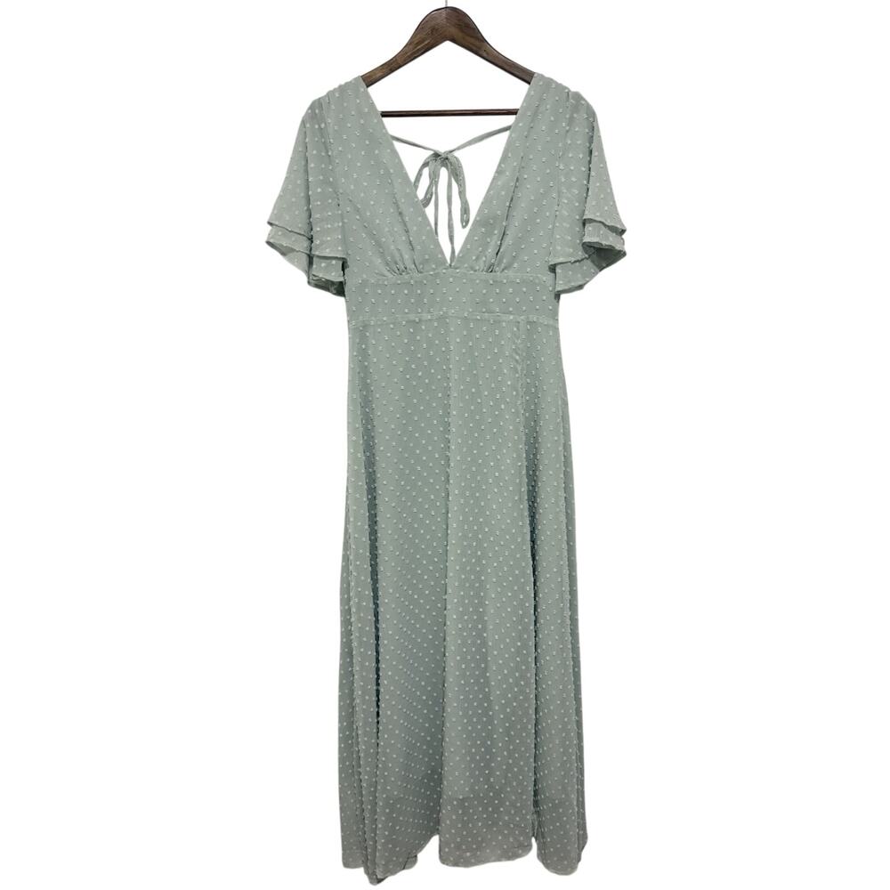 Cupshe Sage Green Swiss Dot Maxi Dress M Flutter Sleeve Open Back
